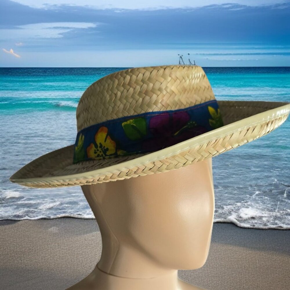 STRAW HAT OSFA Wide Brim Straw Hat Made in Mexico Tropical Band